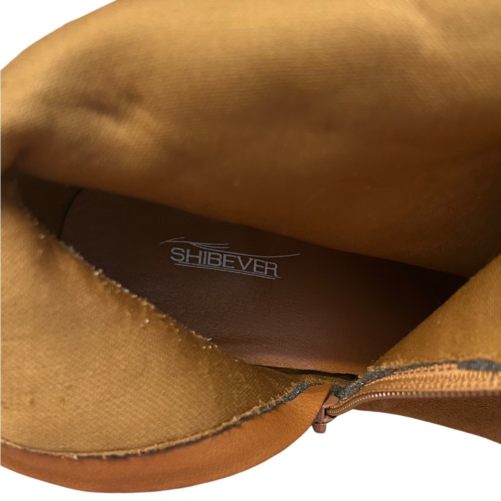 Faux Suede Tan/Brown Embroidered Boots with wooden heel & brass button details - Picture 8 of 8
